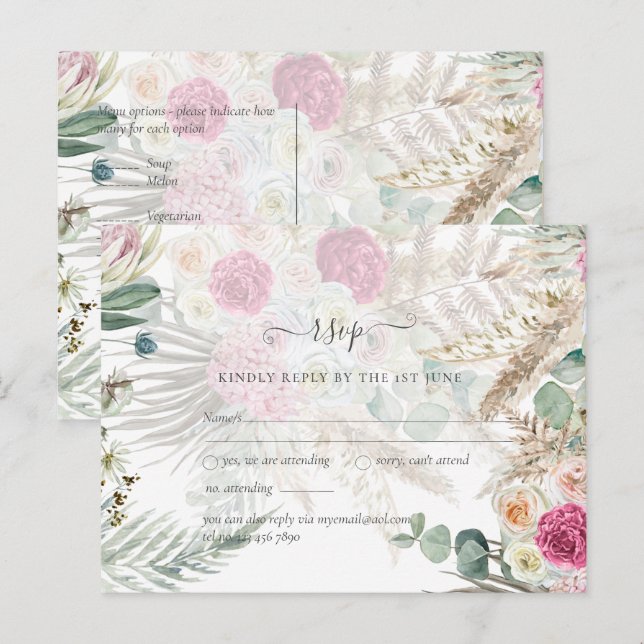 BOHO RSVP Pink Floral Pampas Grass Wedding Postcard (Front/Back)