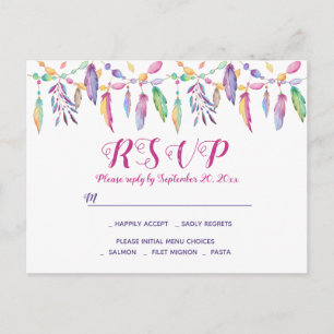 Boho RSVP Purple Wedding Feathers Native American Invitation Postcard