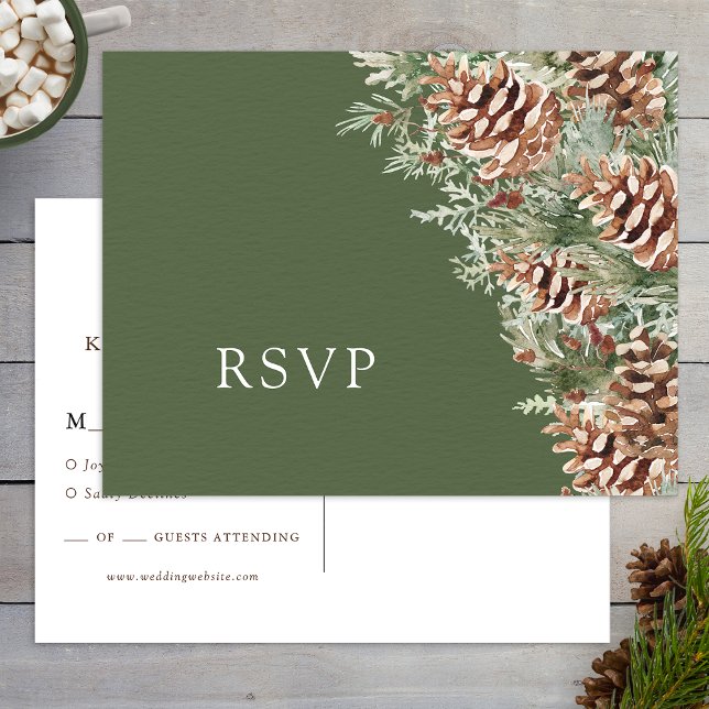 Boho RSVP Wedding Postcard (Green Boho Pinecone Evergreen RSVP Wedding Postcard by Painted Paperie
)
