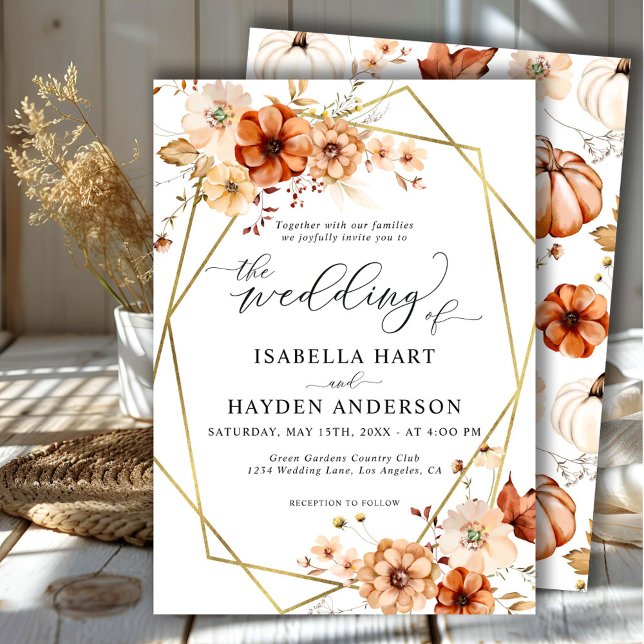 Boho Rust Beige Floral Gold Frame Wedding Invitation (Creator Uploaded)