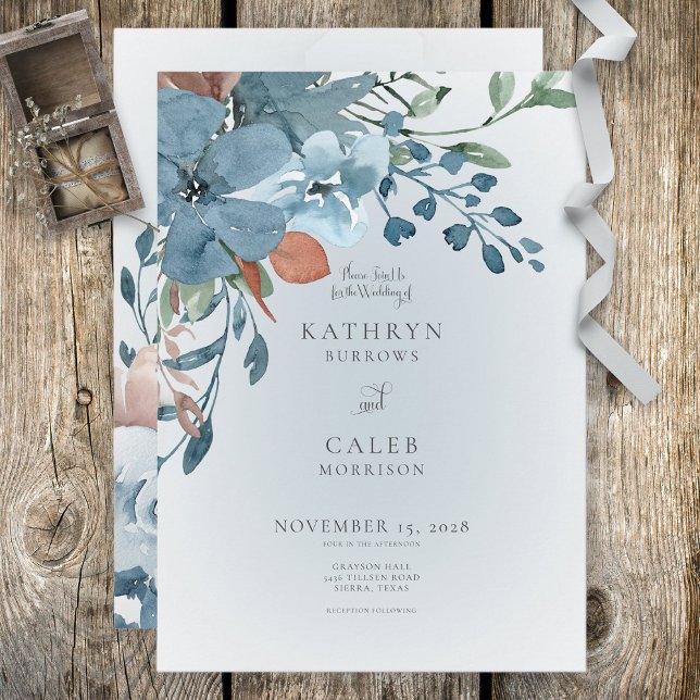 Boho Rust & Blue Floral Wedding Invitation (Creator Uploaded)
