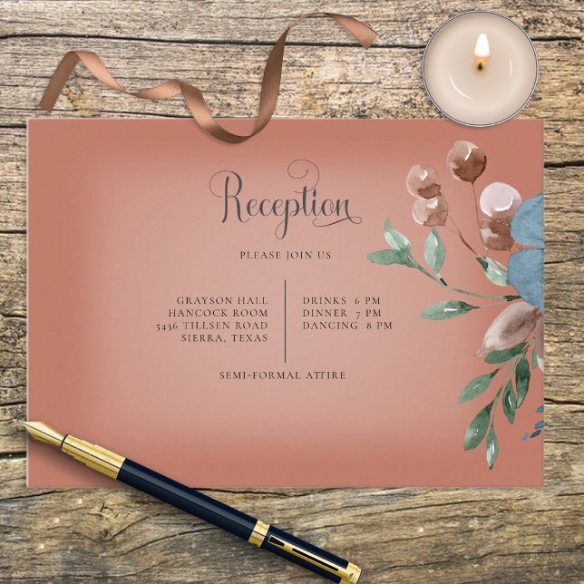 Boho Rust & Blue Floral Wedding Reception Card (Creator Uploaded)