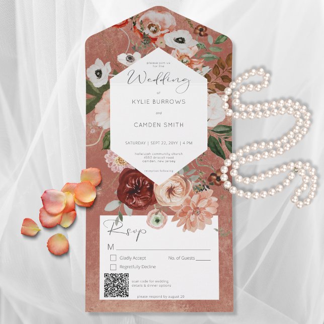 Boho Rust Burgundy Fall Floral QR Code All In One Invitation (Also available without a QR code; with or without dinner selection options.)