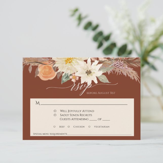 BOHO Rust Earthy Fall Floral Pampas Grass Wedding RSVP Card (Standing Front)