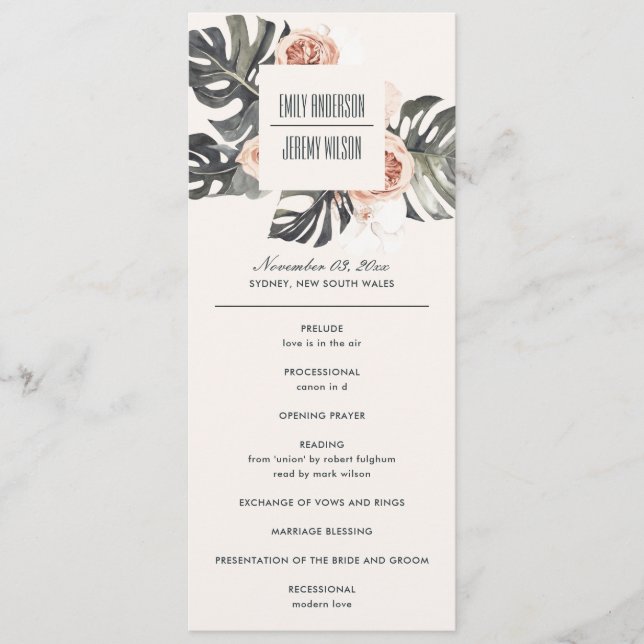 BOHO RUST MONSTERA FLORAL WEDDING CEREMONY PROGRAM MENU (Front)