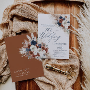 Boho Rust Navy Fall Wedding Invitation Card