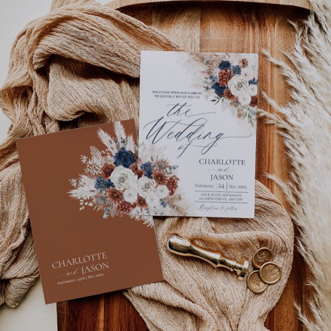 Boho Rust Navy Fall Wedding Invitation Card (Boho Rust Navy Wedding Invitation Card | Fall Rustic Bohemain Terracotta Invite (Front and Back))