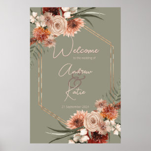 Boho Rust & Neutral Fall Floral Green Wedding II Poster