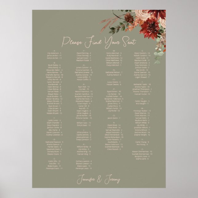 Boho Rust Neutral Fall Floral Green Wedding Seat Poster (Front)