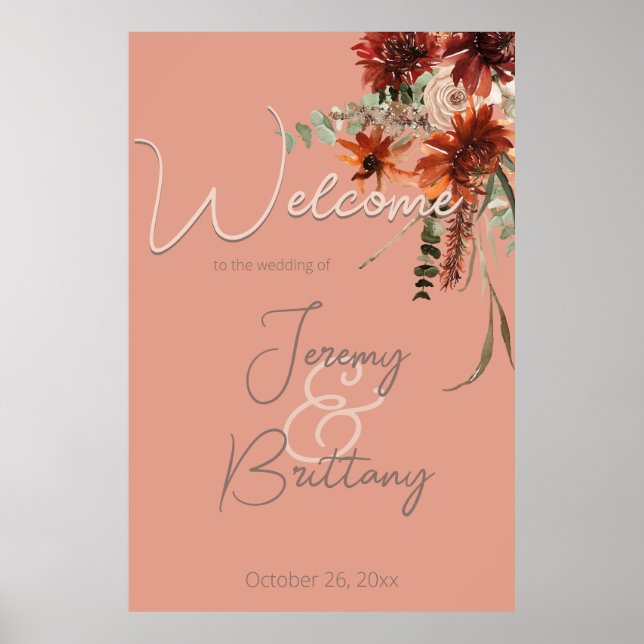 Boho Rust & Neutral Fall Floral Peach Rust Wedding Poster (Front)