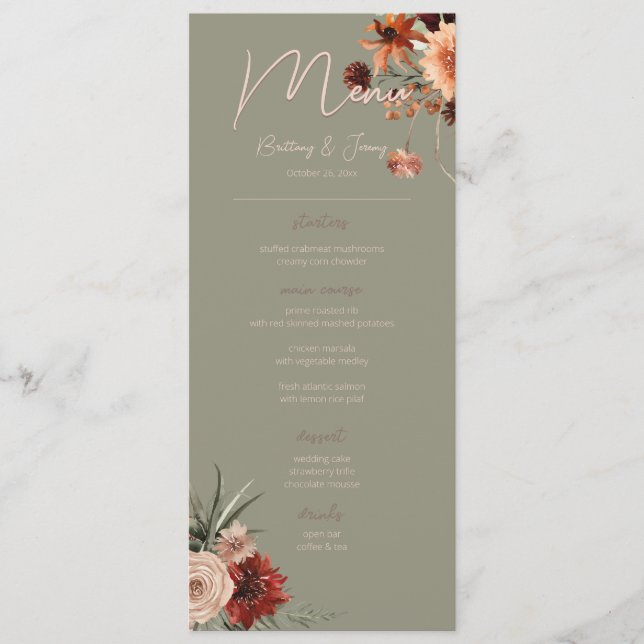 Boho Rust & Neutral Fall Floral Sage Green Script Menu (Front)
