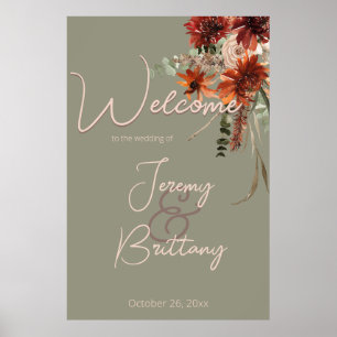 Boho Rust & Neutral Fall Floral Sage Green Wedding Poster