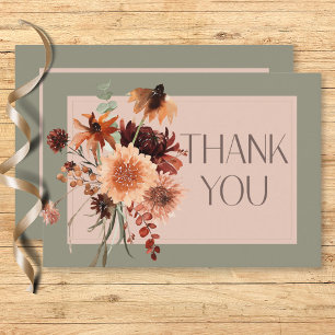 Boho Rust & Neutral Fall Floral Sage Green Wedding Thank You Card