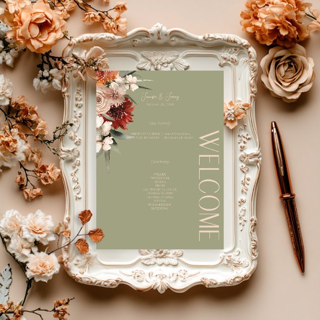 Boho Rust & Neutral Sage Fall Floral  Programme (Creator Uploaded)