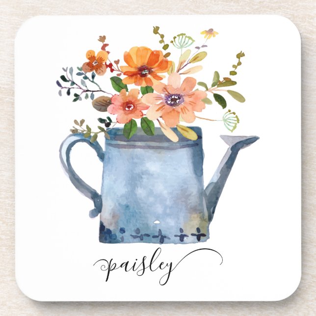 Boho Rust Orange Watercolor Flowers Watering Can Coaster (Front)