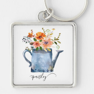 Boho Rust Orange Watercolor Flowers Watering Can Key Ring
