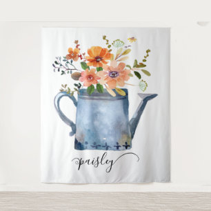 Boho Rust Orange Watercolor Flowers Watering Can Tapestry