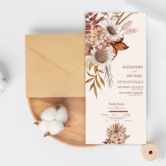 Boho Rust Terracotta Dried Fan Flowers Wedding All All In One Invitation (Creator Uploaded)