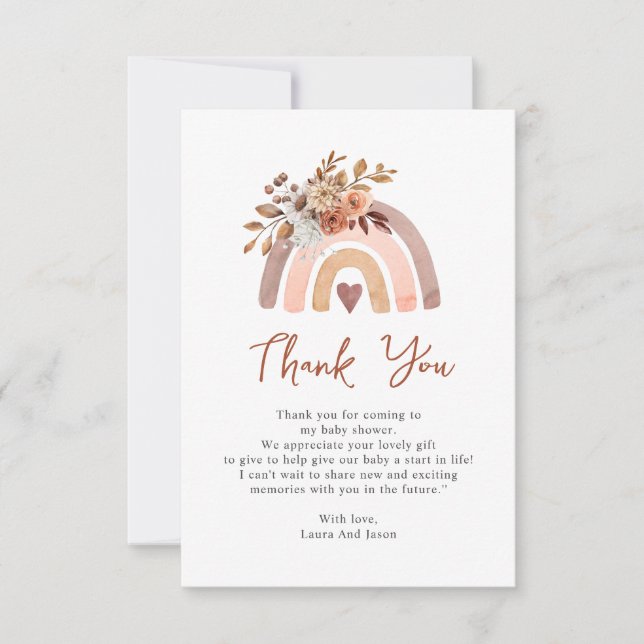 Boho Rust Terracotta Rainbow Baby Shower Thank You Card (Front)