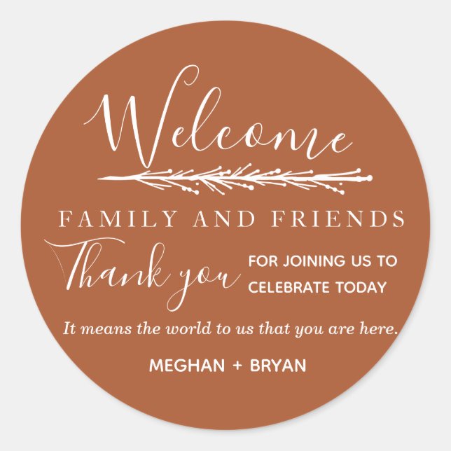 Boho Rust Welcome to Our Wedding Classic Round Sticker (Front)