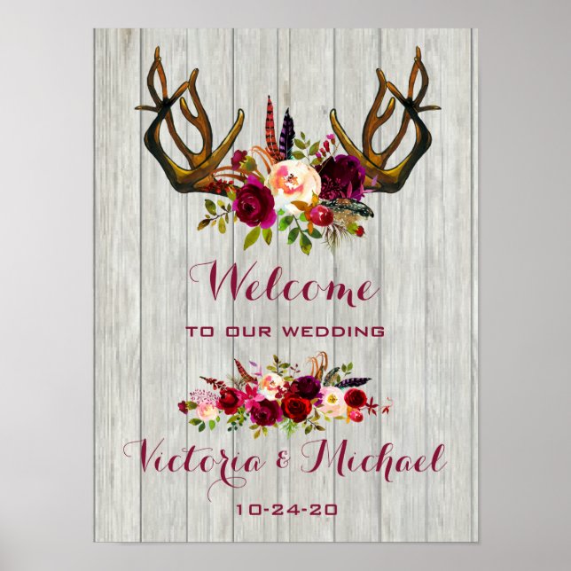 Boho Rustic Antler floral Wedding Sign (Front)