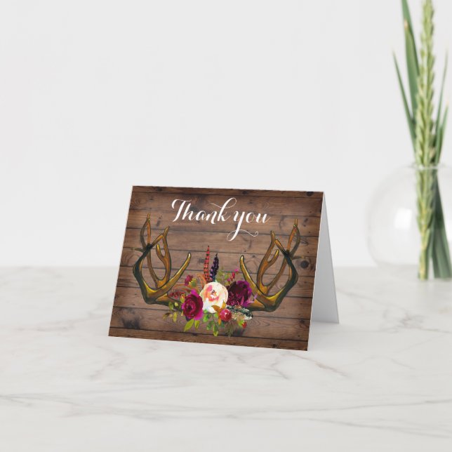 Boho Rustic antlers floral thank you note Card (Front)
