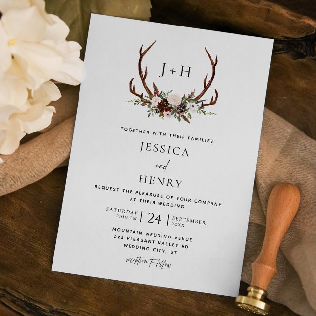 Boho Rustic Antlers Monogram Wedding Invitation (Creator Uploaded)