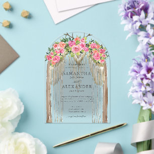 Boho Rustic Arch Western Watercolor Roses Wedding Acrylic Invitations