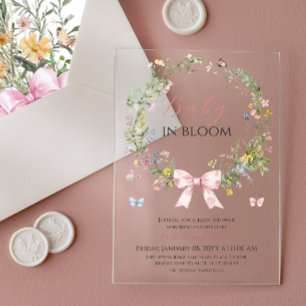 Boho Rustic Baby in Bloom Pink Bow Baby Shower Acrylic Invitations