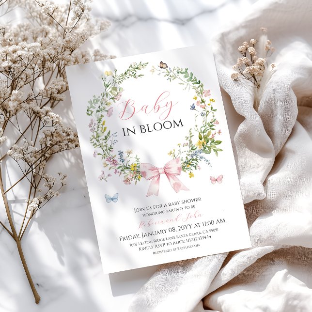 Boho Rustic Baby in Bloom Pink Bow Baby Shower Invitation (Creator Uploaded)