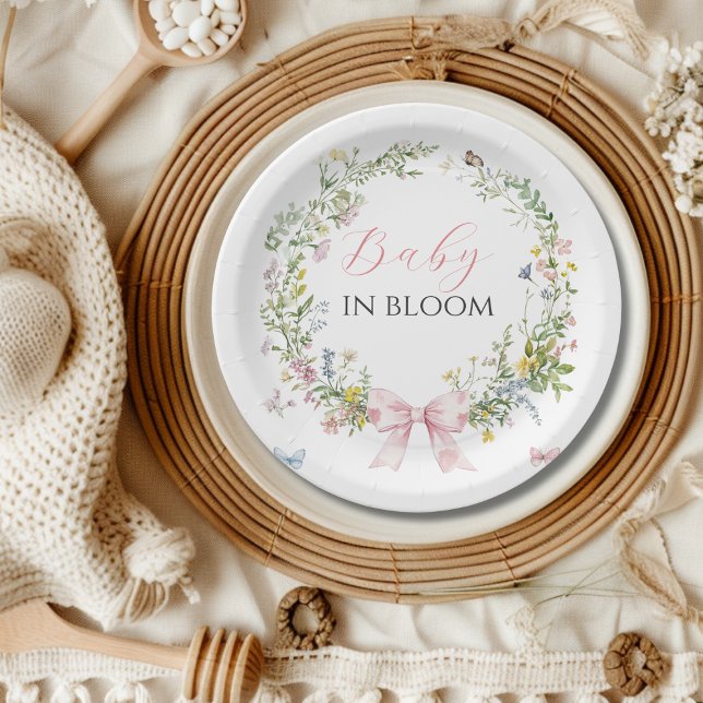 Boho Rustic Baby in Bloom Pink Bow Baby Shower Paper Plate (Creator Uploaded)