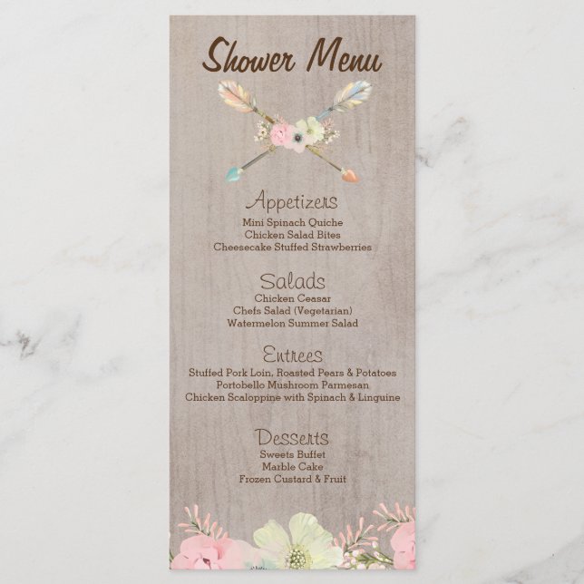 Boho Rustic Baby or Bridal Shower, Wedding Menu (Front)