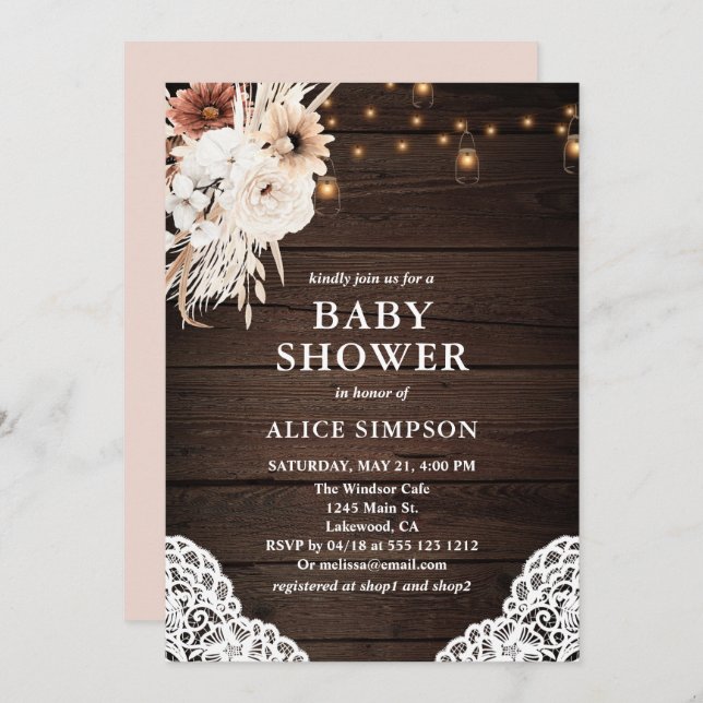 Boho Rustic Beige Floral Mason Jars Baby Shower In Invitation (Front/Back)