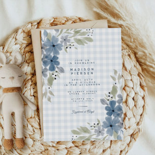 Boho Rustic Blue Floral Plaid Boy Baby Shower Invitation