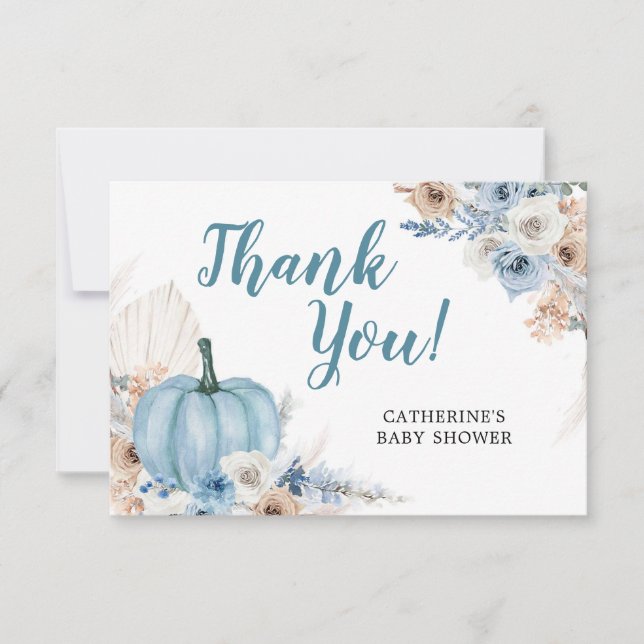 Boho Rustic Blue Pumpkin Fall Thank You Card (Front)