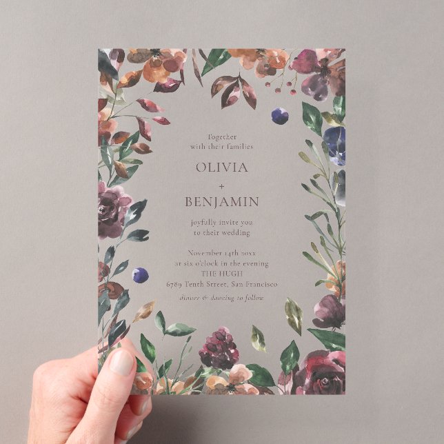 Boho Rustic Botanical Burgundy Border Wedding  Acrylic Invitations (Insitu (Handheld))