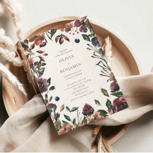 Boho Rustic Botanical Burgundy Border Wedding Invitation