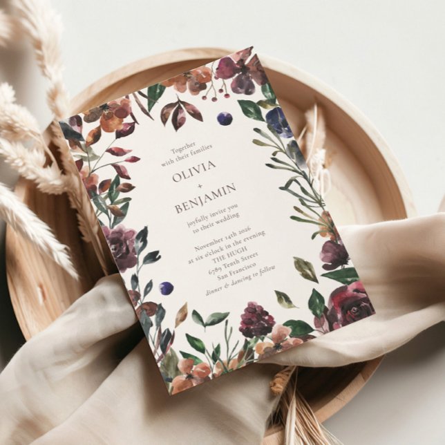 Boho Rustic Botanical Burgundy Border Wedding  Invitation (Creator Uploaded)