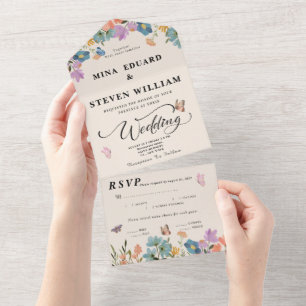 Boho rustic botanical wildflowers wedding all in one invitation