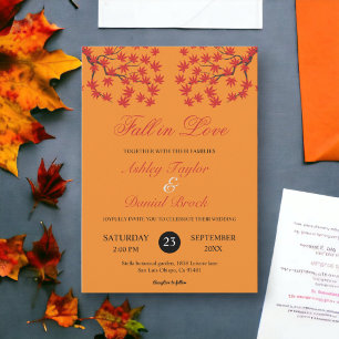 Boho Rustic Burnt Orange Red Leaves Fall Wedding Invitation