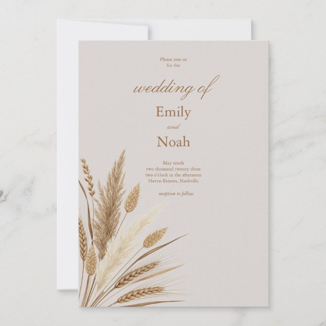 Boho Rustic Dried Pampas Grass Wedding Invitation  (Front)
