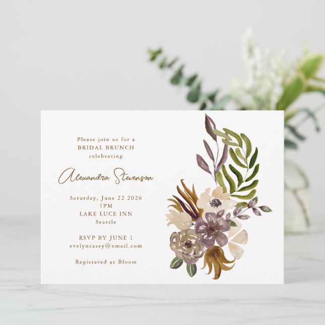 Boho Rustic Dusty Nature Botanical Bridal Brunch Invitation (Standing Front)