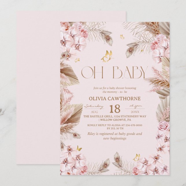Boho Rustic Dusty Pink Baby Shower Invitation (Front/Back)