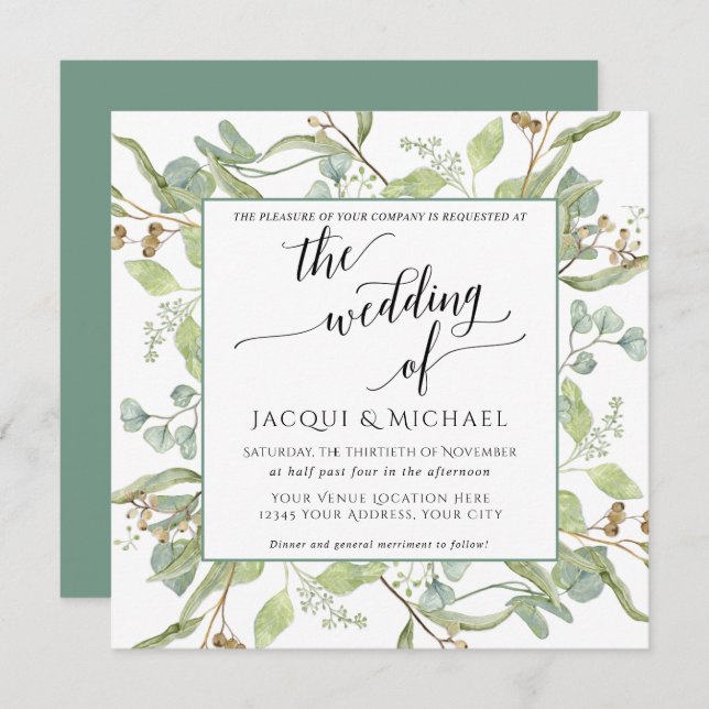 BOHO Rustic Eucalyptus Foliage Watercolor Square Invitation (Front/Back)