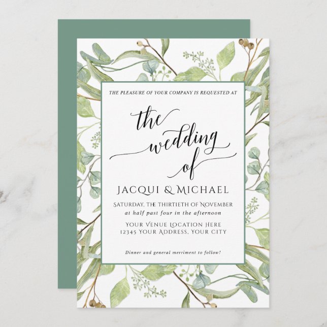 BOHO Rustic Eucalyptus Foliage Watercolor Wedding Invitation (Front/Back)
