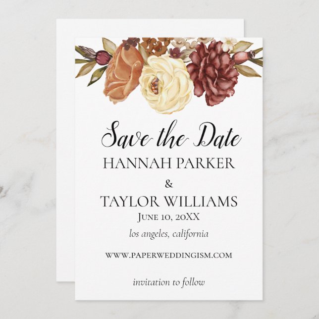 Boho Rustic Fall Watercolor Floral Save The Date (Front/Back)