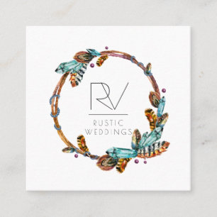 Boho Rustic Feather Wreath Monogram Square Business Card