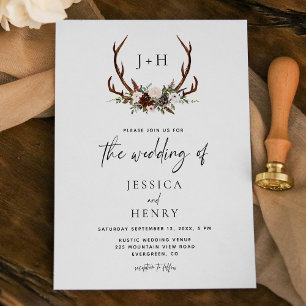 Boho Rustic Floral Antlers Wedding Invitation