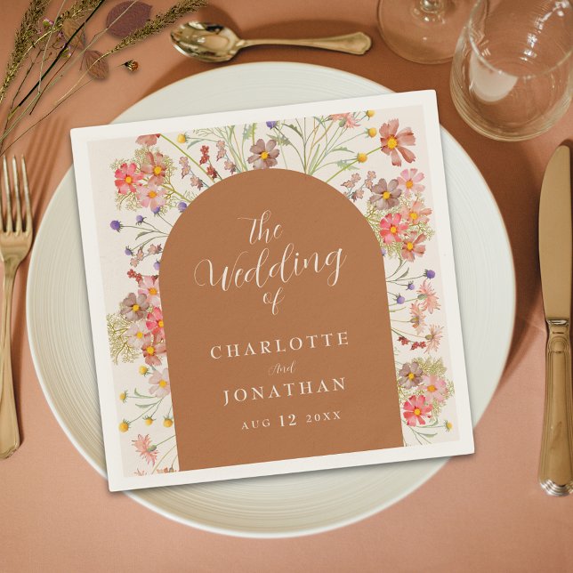 Boho Rustic Floral Arch Fall Wedding Napkin (Boho rustic floral fall terracotta burnt orange custom Wedding napkins watercolor wildflowers script)