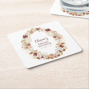 Boho Rustic Floral Burgundy Bridal Shower Custom Square Paper Coaster